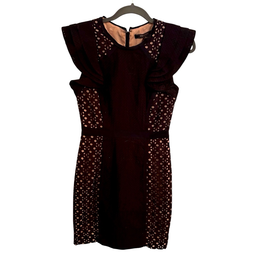 BCBGMaxAzira Desirae Black Eyelet Sheeth Dress with Ruffle Detail Sz 0